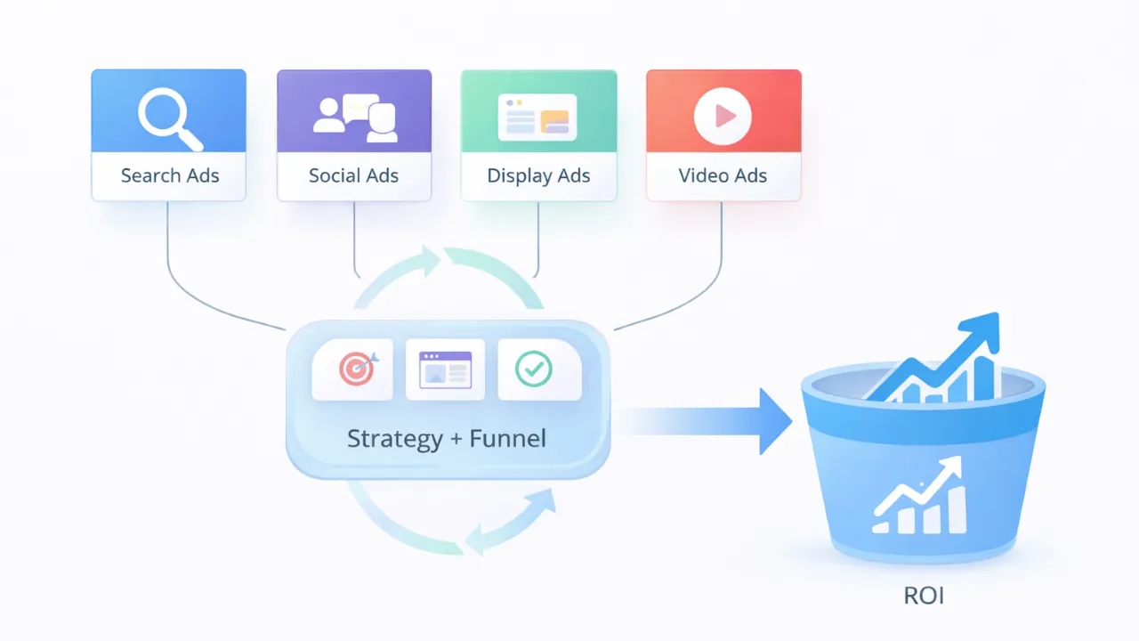 Digital advertising growth engine diagram showing search, social, display, and video ads feeding into strategy and funnel system that drives ROI.