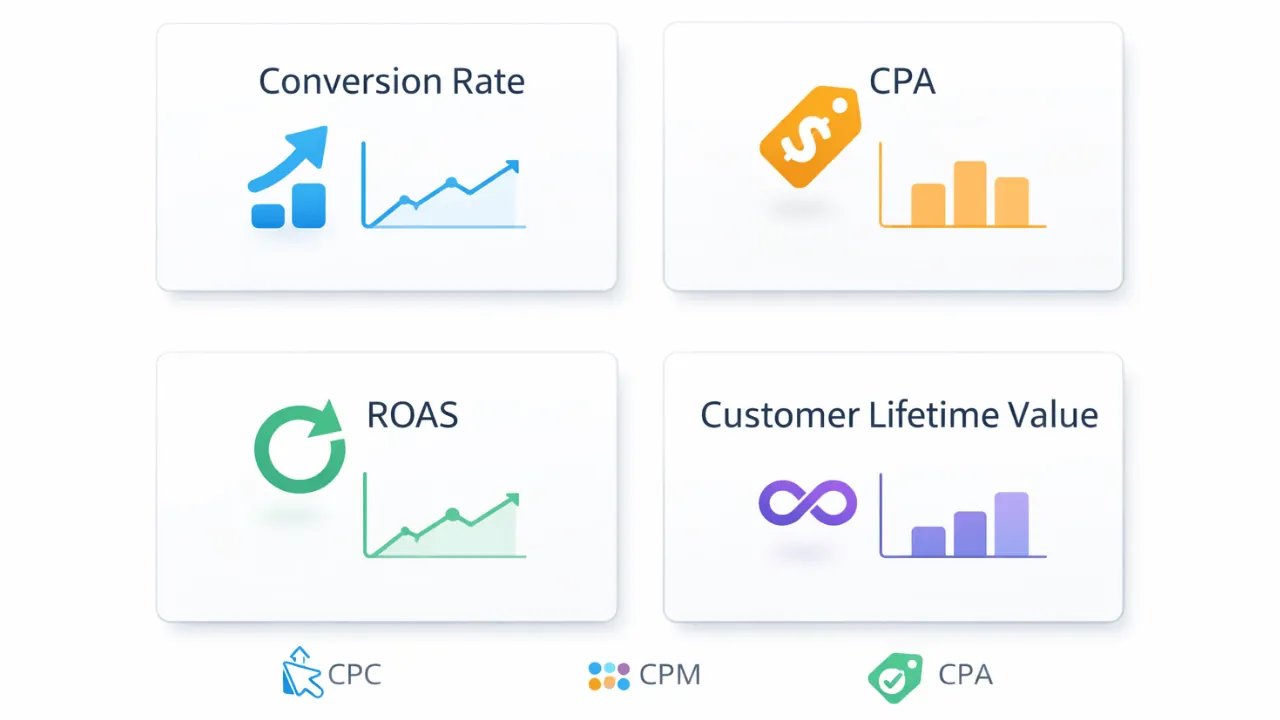KPI dashboard illustration displaying conversion rate, CPA, ROAS, and customer lifetime value metrics for digital advertising performance.