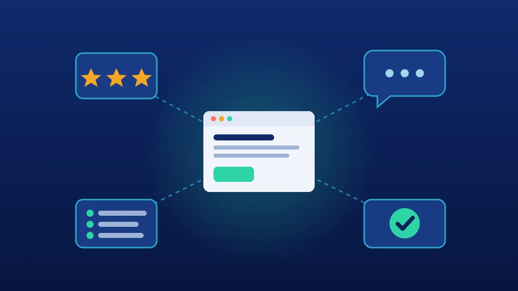 Illustration on a dark blue background: a simple website window in the center, connected by dashed lines to four cards: three gold stars, a chat bubble, a short list with green dots and a green check mark.