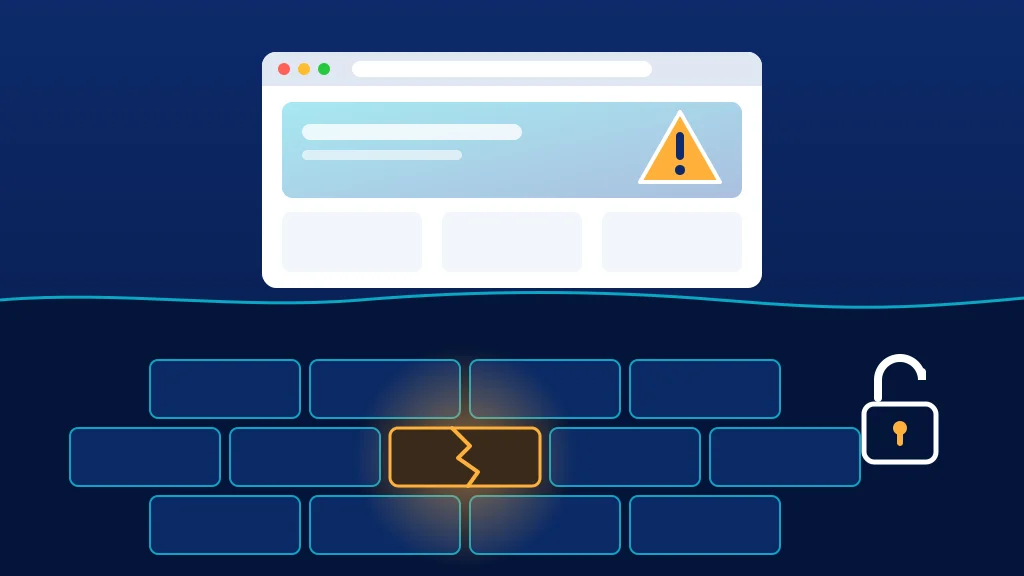 Illustration of a website in a browser window with an orange warning triangle, sitting above a wavy line. Below the line is a wall of foundation bricks with one brick cracked and glowing orange, next to an open padlock.