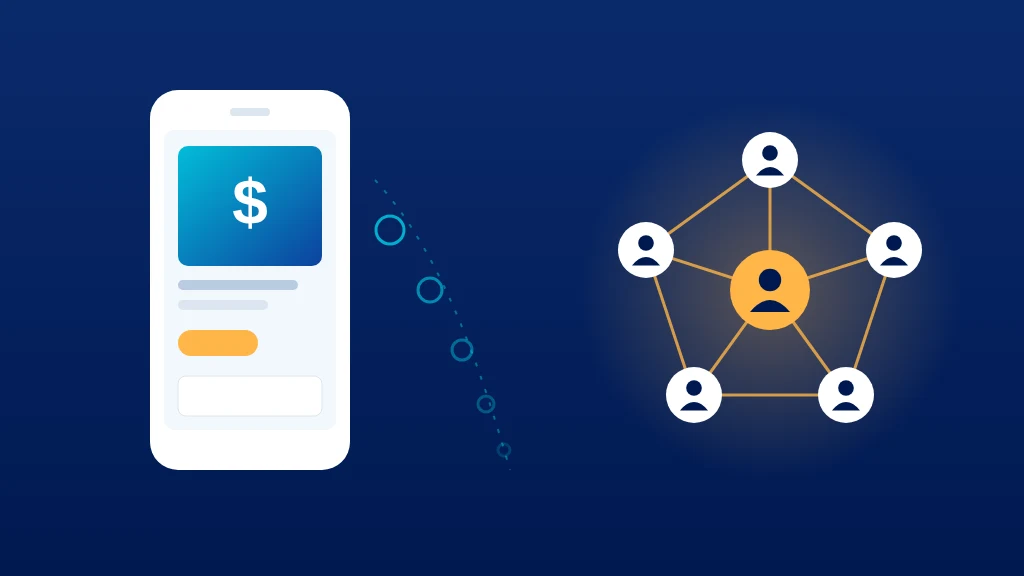 Illustration of a phone showing an ad with a dollar sign, with a dotted trail of shrinking coins drifting away from it, beside a glowing orange circle of six connected people icons on a dark blue background.