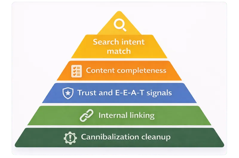 Priority framework showing what to fix first after a Google core update, including search intent, content completeness, trust signals, internal linking, and cannibalization cleanup