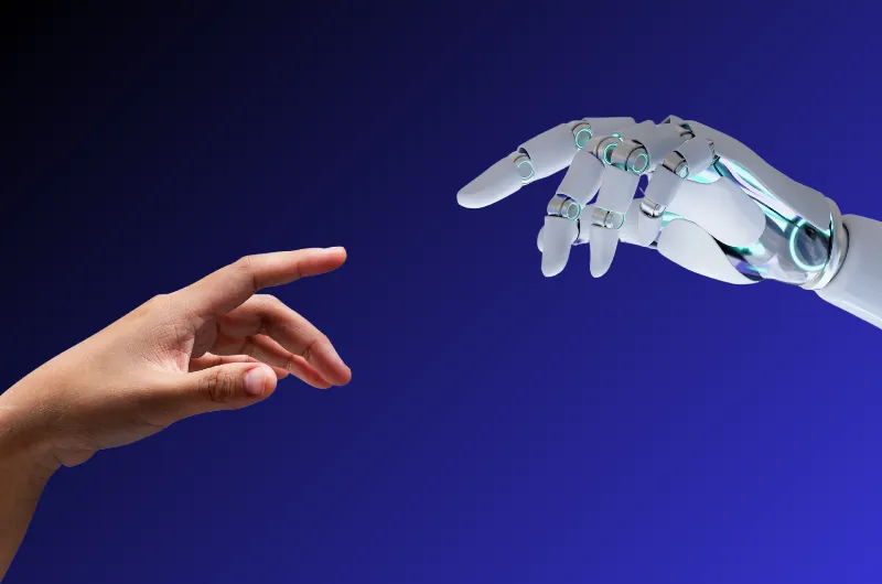 Human hand reaching toward robotic hand with the text “The Rise of AI Customer Journey” on a dark blue background, symbolizing human-AI collaboration.
