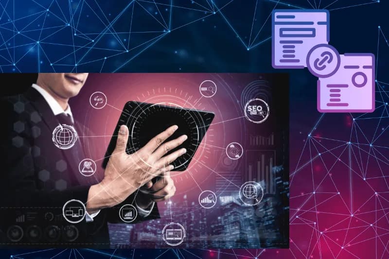 A professional holding a tablet with a digital interface showcasing SEO and internal linking concepts.