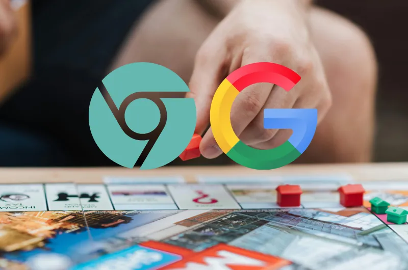 A person placing red houses on a Monopoly board overlaid with Google and Chrome logos, symbolizing Google's dominance and the DOJ antitrust case.