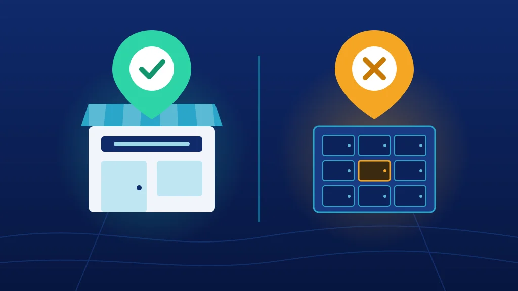 Illustration on a dark blue background: on the left, a small storefront with a striped awning under a green map pin with a check mark; on the right, a wall of mailboxes with one highlighted in orange under an orange map pin with an X.