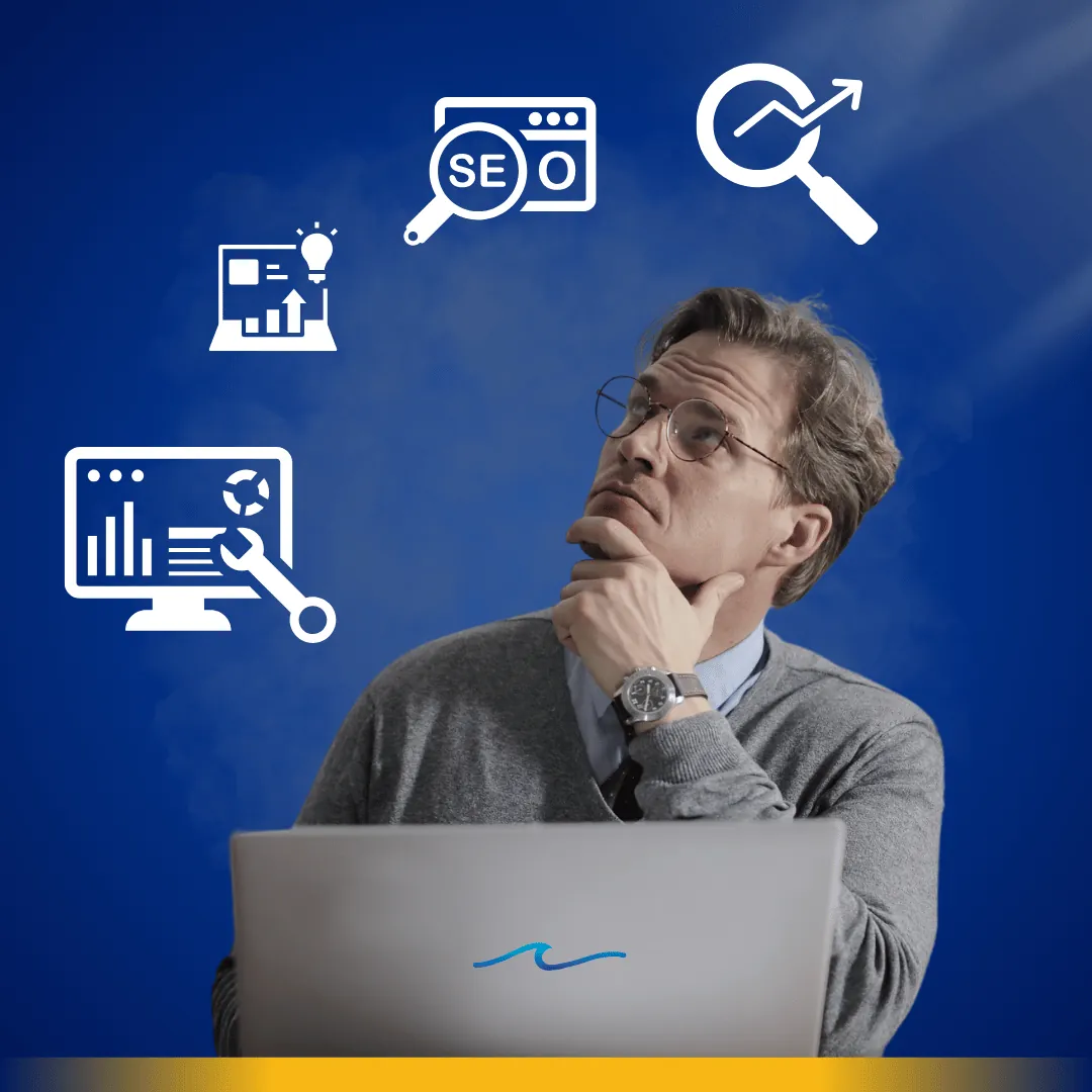 A man thoughtfully looking up while sitting at a laptop, with SEO-related icons representing search optimization, graph analysis, and digital strategy, against a dark blue background.