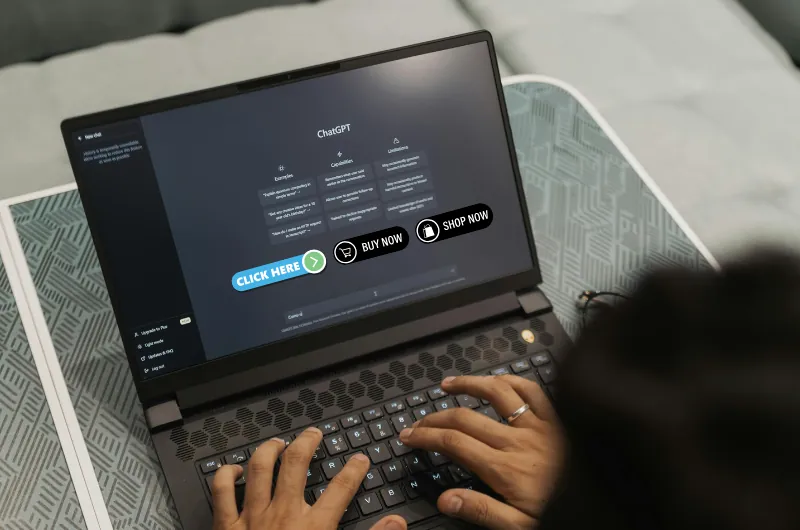 Illustration of ChatGPT interface on a laptop with digital ad icon overlay