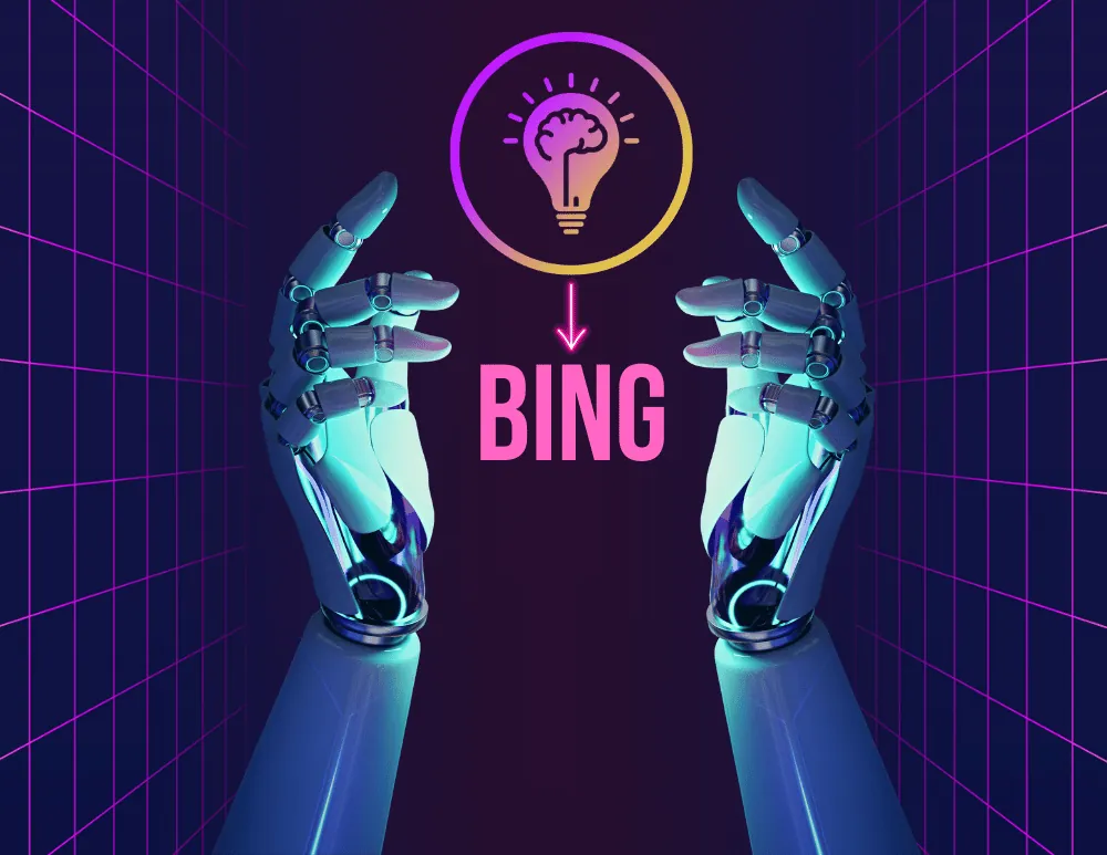 Futuristic image showing robotic hands framing a lightbulb icon with the word 'Bing,' symbolizing the integration of AI technologies like ChatGPT with Microsoft Bing for SEO opportunities.