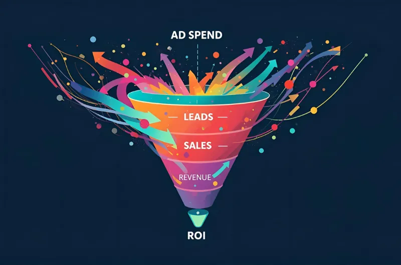 Colorful funnel graphic showing ad spend flowing into leads, sales, and revenue, with optimized arrows directing toward ROI to represent reduced waste and higher returns.