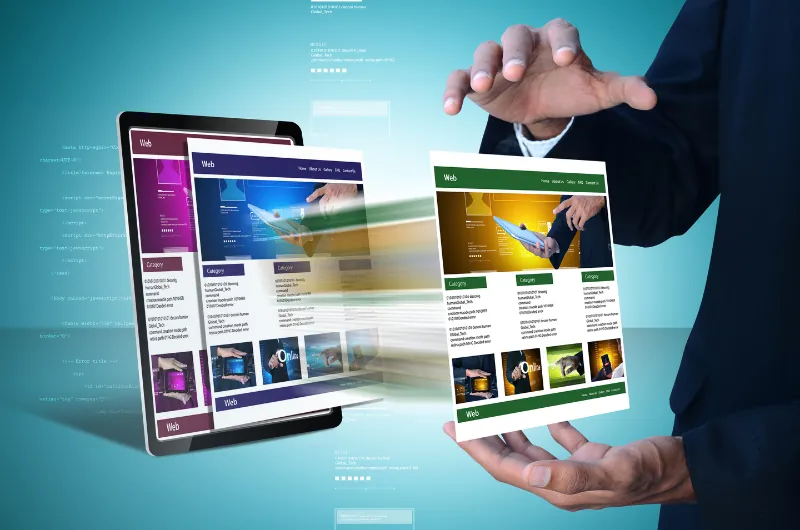 Digital marketing concept showing a person optimizing website landing pages for better conversions, symbolizing the process of turning ad clicks into customers.