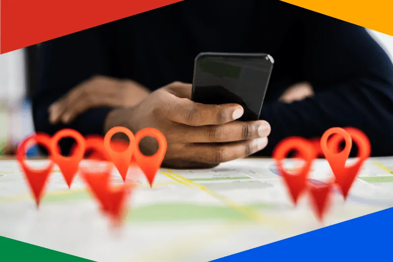 Person using a smartphone with map pins on a map, representing optimizing Google Business Profile for local search visibility
