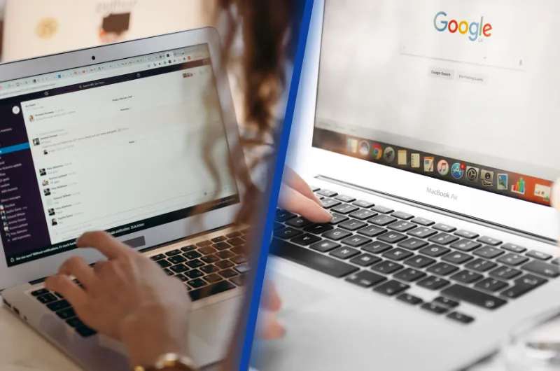 Split-screen image showing users on two laptops... one engaging with a chat-based interface and the other using Google Search... highlighting AI vs. traditional search behavior.