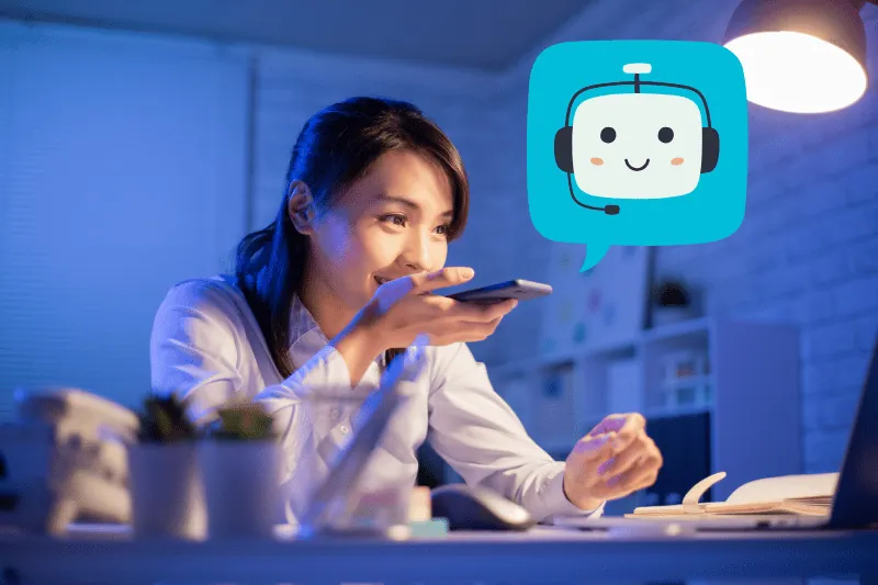 Woman using voice search on her phone with a chatbot icon, representing Artificial Intelligence Optimization for voice search.